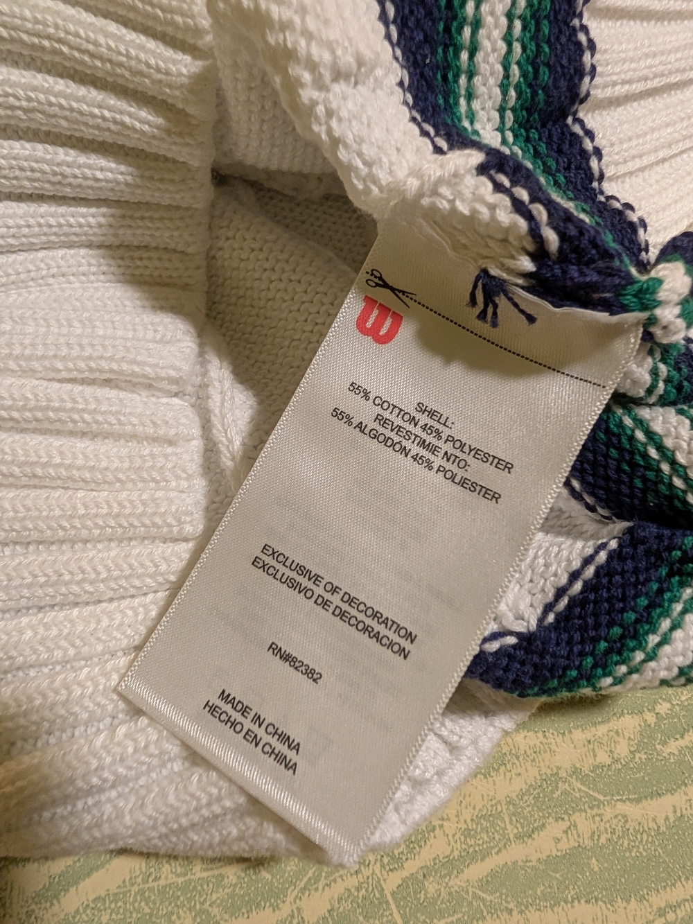 Wilson Women's White Cable-Knit V-Neck Sweater with Green & Navy Trim - Picture 3 of 7